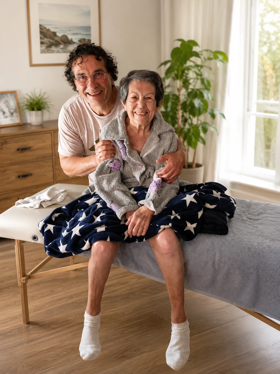 Pasqual and a client, all smiles, sitting on the treatment table