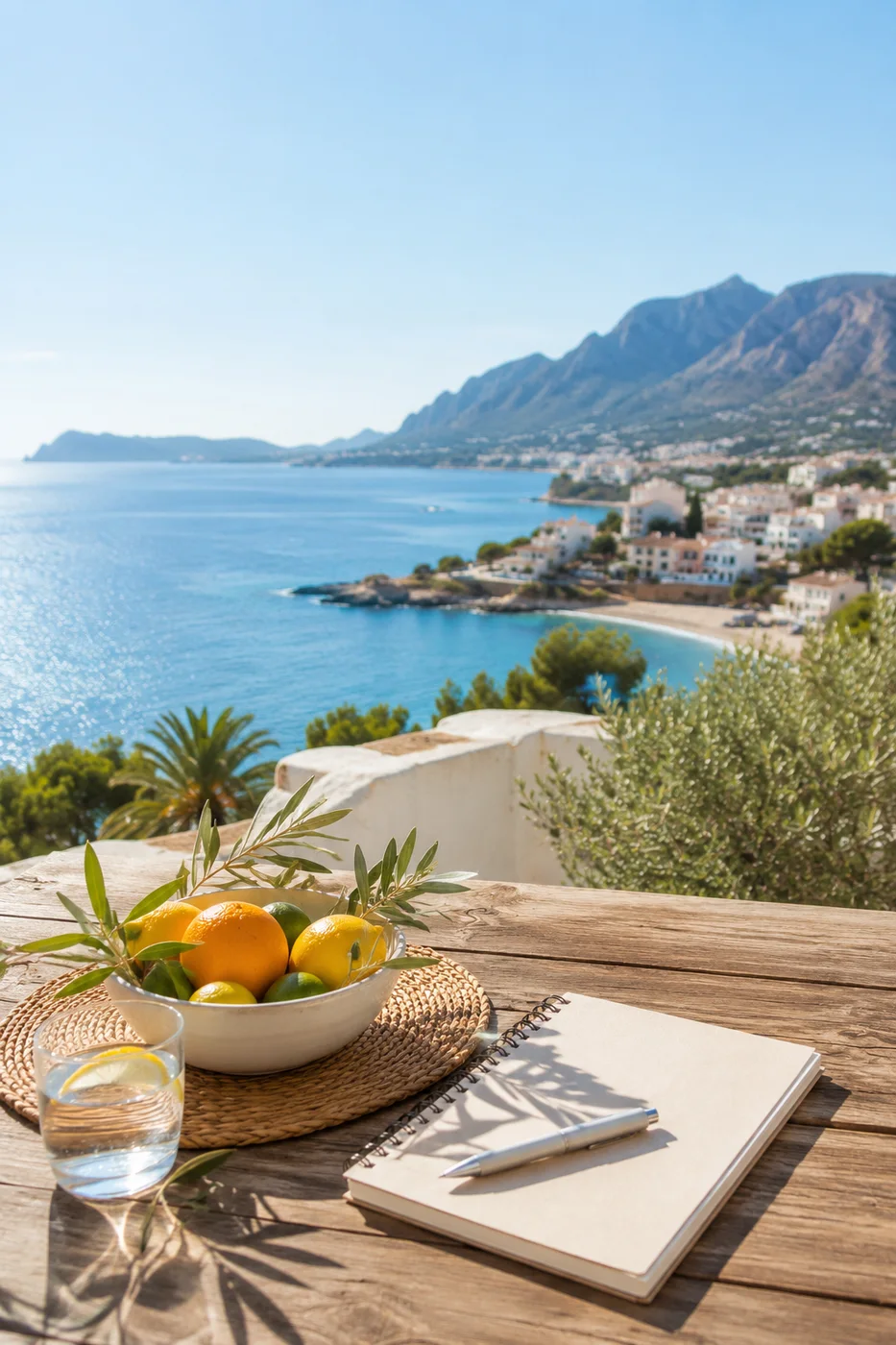 Personal omega 3 guidance on the Costa Blanca: terrace overlooking the Mediterranean with fresh fruit and a notebook
