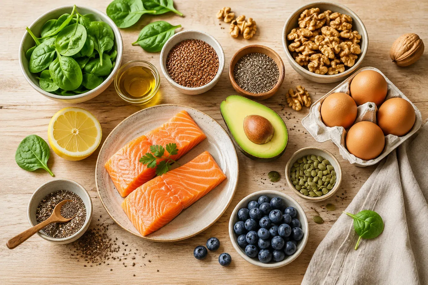 Alimentos ricos en omega-3: salmón, aguacate, nueces, semillas de chía, espinacas y huevos