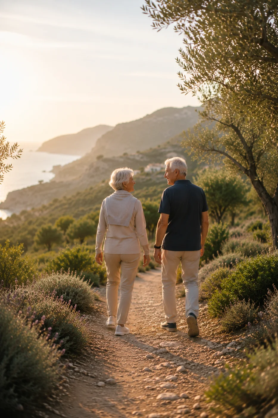 Una pareja de mayores pasea al atardecer por un sendero costero de la Costa Blanca