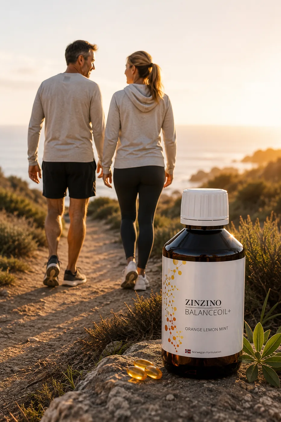 Zinzino BalanceOil supplement available in Spain, with a couple walking at sunset